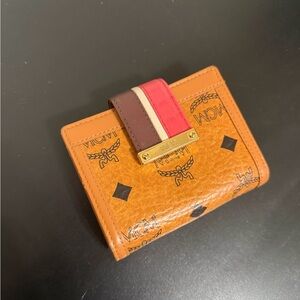 MCM Cognac Logo Leather Bifold Wallet with Red Accent Strap